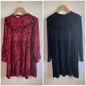Time and Tru Red Patterned Mini Dress & Black Ruffle Mini Dress